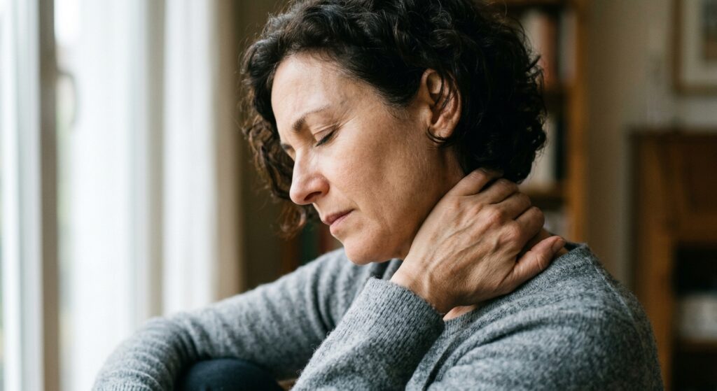 Close-up of a person gently massaging their neck, soft natural window light, expressing mild discomfort but not severe p