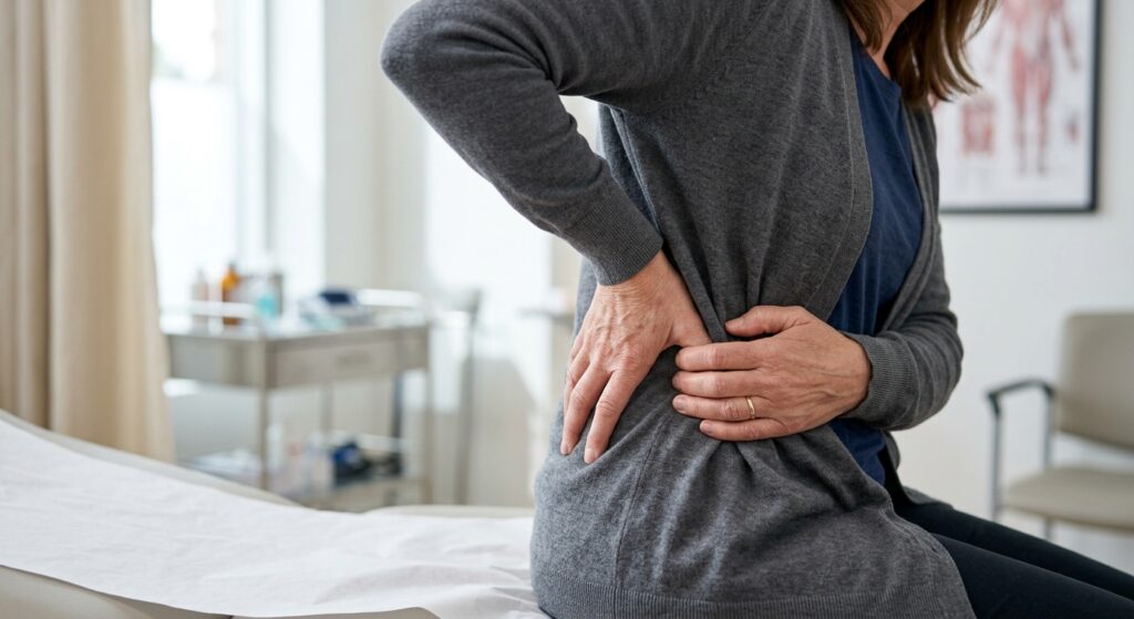 Close-up of a person holding their lower back in pain, natural daylight, soft focus background showing clinical exam roo