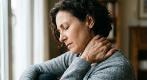 Close-up of a person gently massaging their neck, soft natural window light, expressing mild discomfort but not severe p