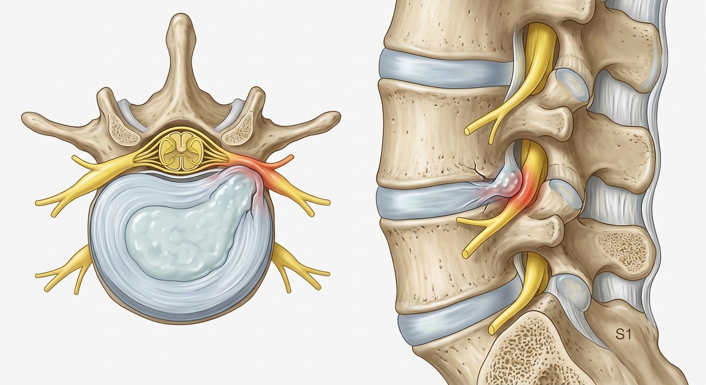 Anatomical diagram showing compressed nerve root in lumbar spine with herniated disc, clear medical illustration style,