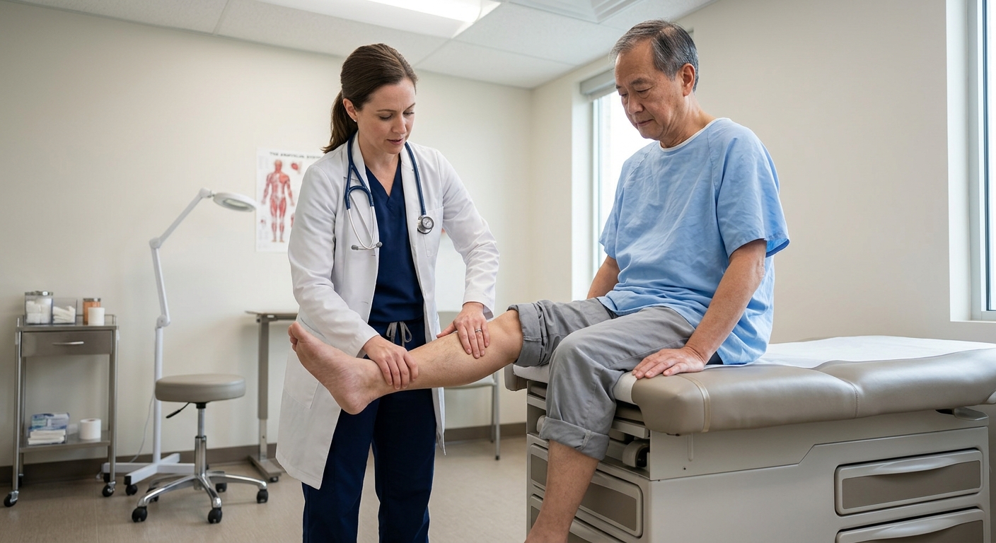 Medical professional performing physical examination testing leg strength and reflexes, neutral clinical lighting, profe