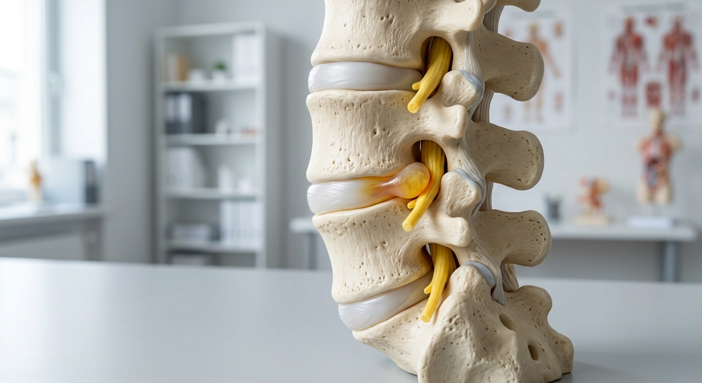 Close-up of lumbar spine model showing nerve root compression, clinical setting, educational clear lighting