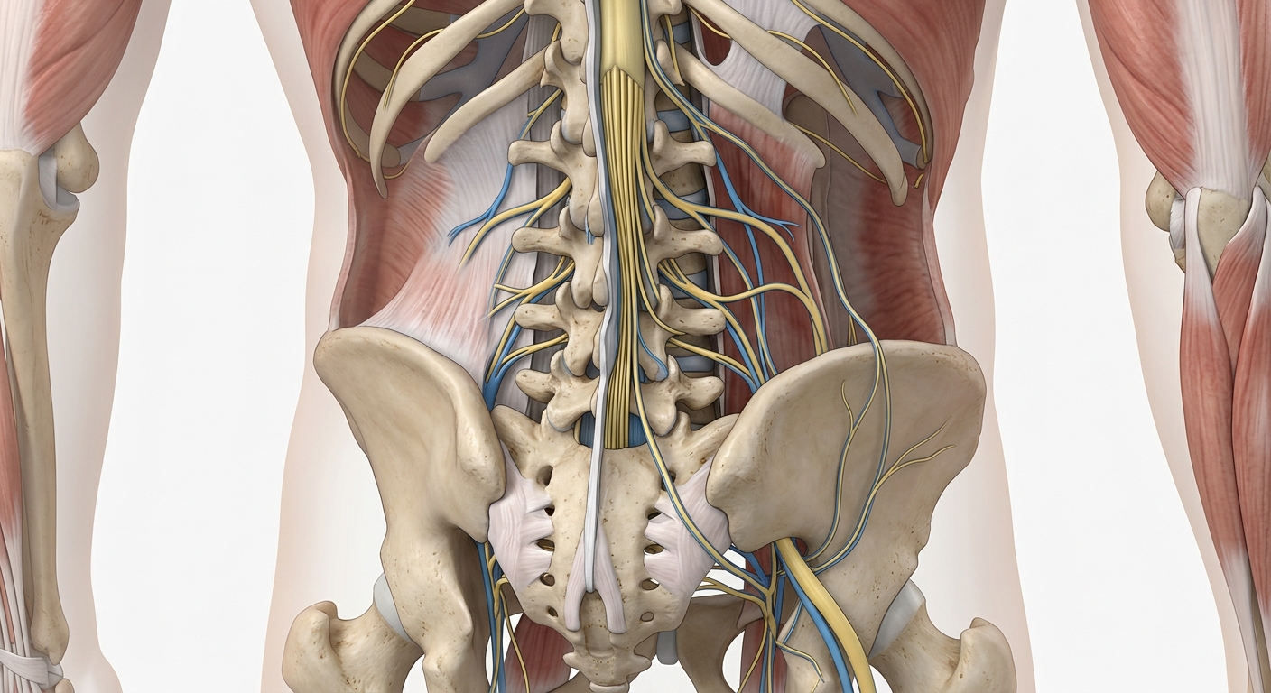 Close-up of lower back anatomy showing nerve pathways, clean medical illustration style, educational and clear labeling