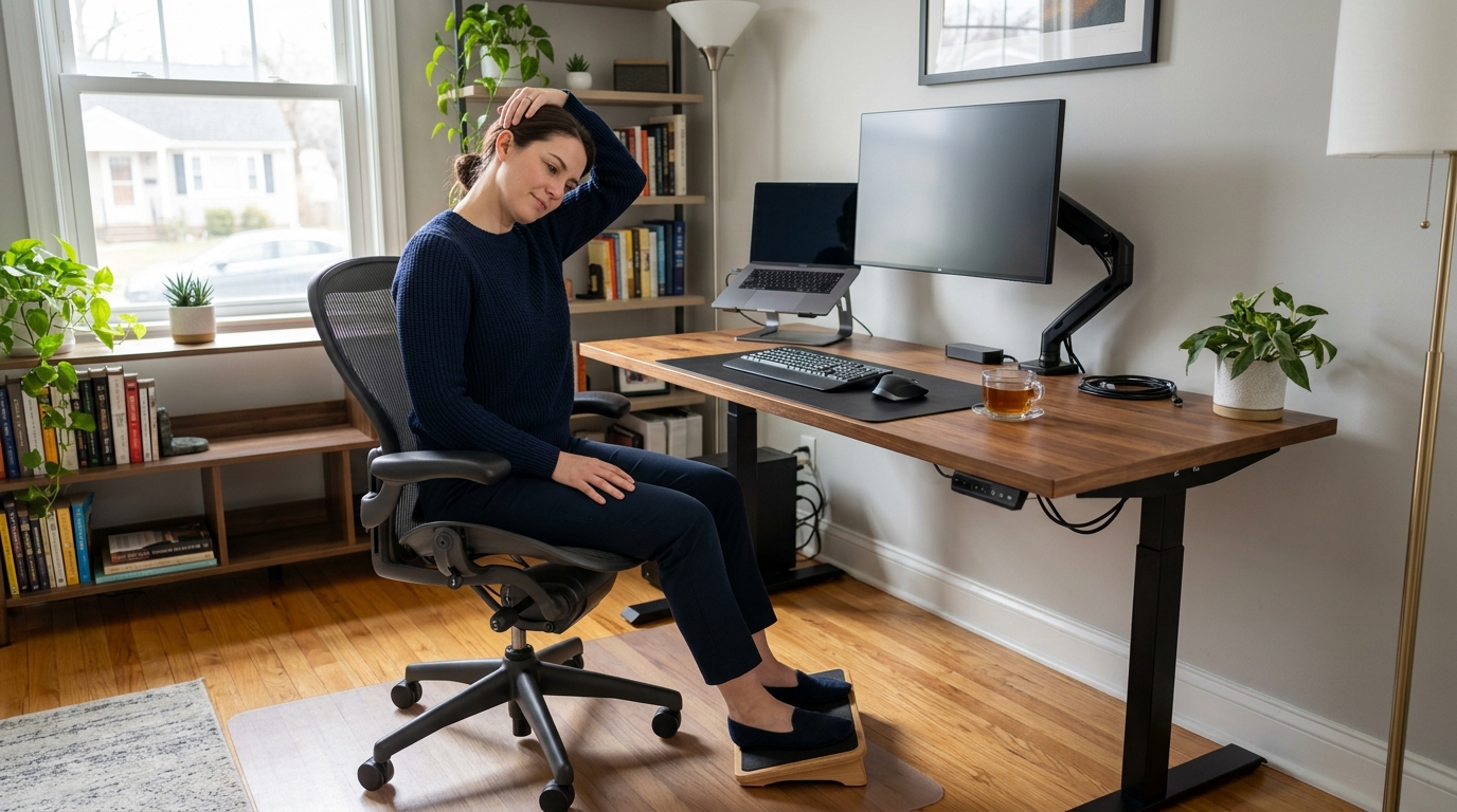 Wide shot of someone doing gentle neck stretches in a home office, proper ergonomic desk setup visible in background