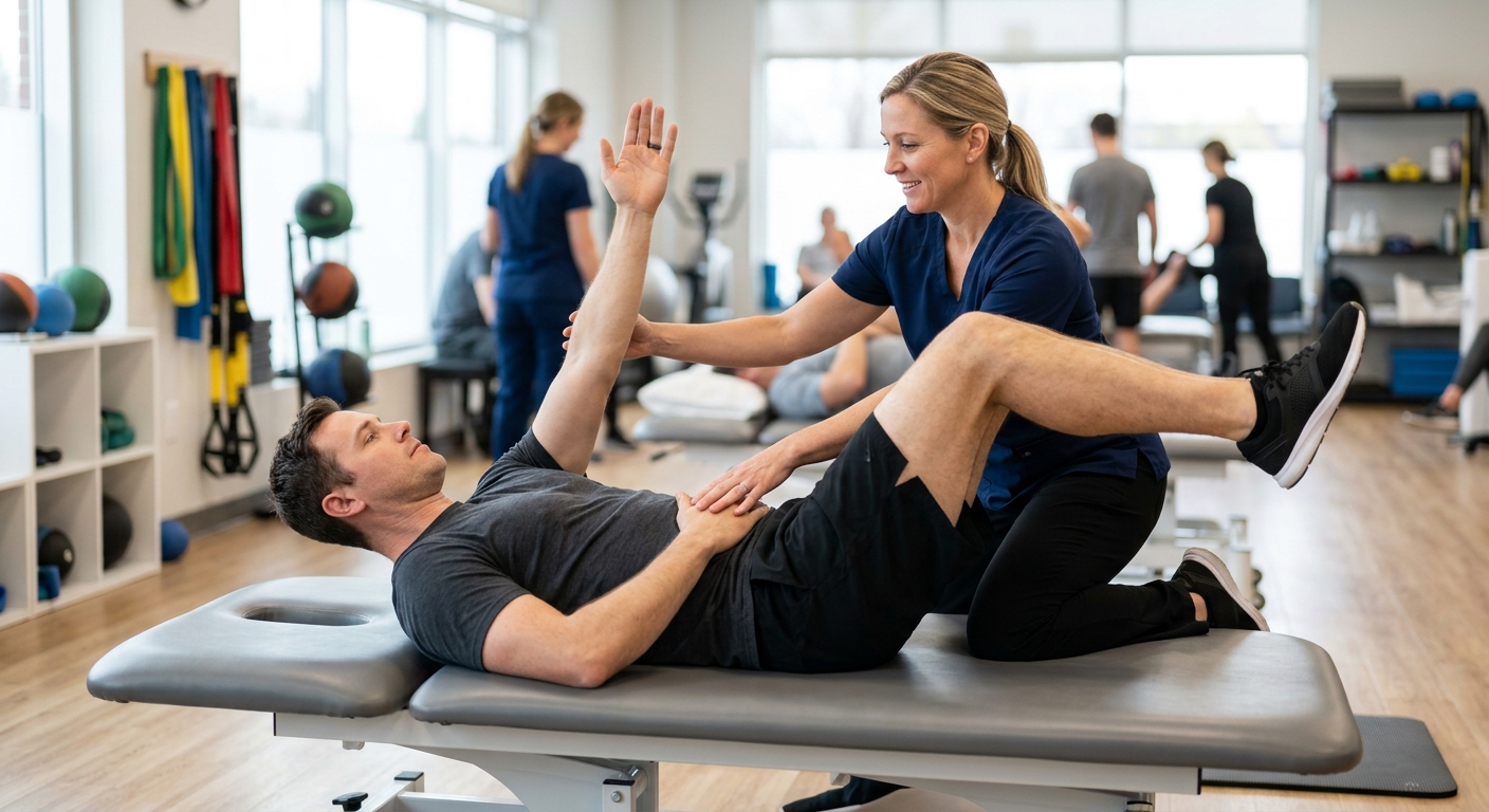 Physical therapist guiding patient through core strengthening exercises on treatment table, bright clinic environment, f