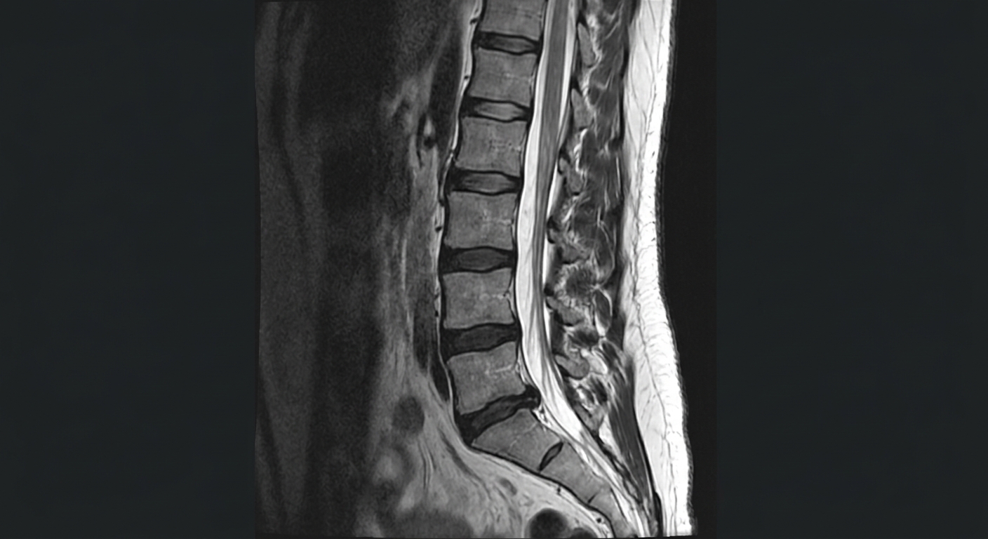 Side view MRI scan of lumbar spine showing disc and nerve anatomy, high contrast medical imaging, clean medical visualiz