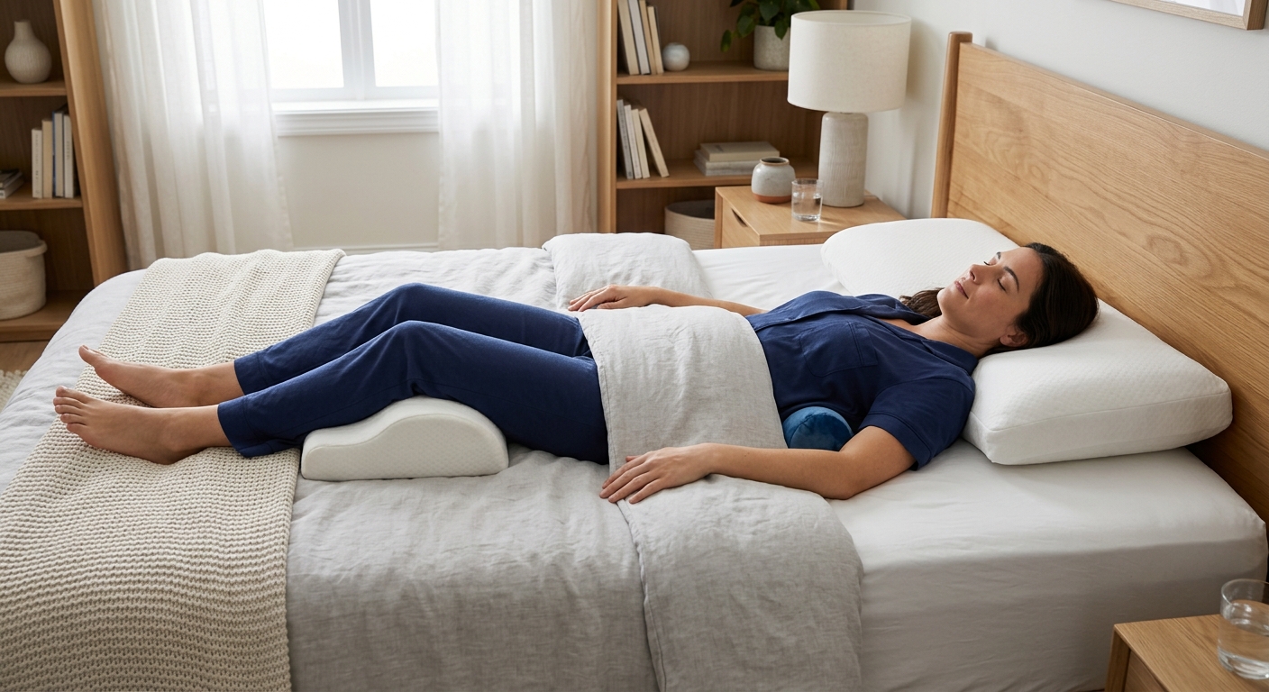 Back sleeper with pillow under knees and lumbar roll support, proper alignment visible, peaceful bedroom scene