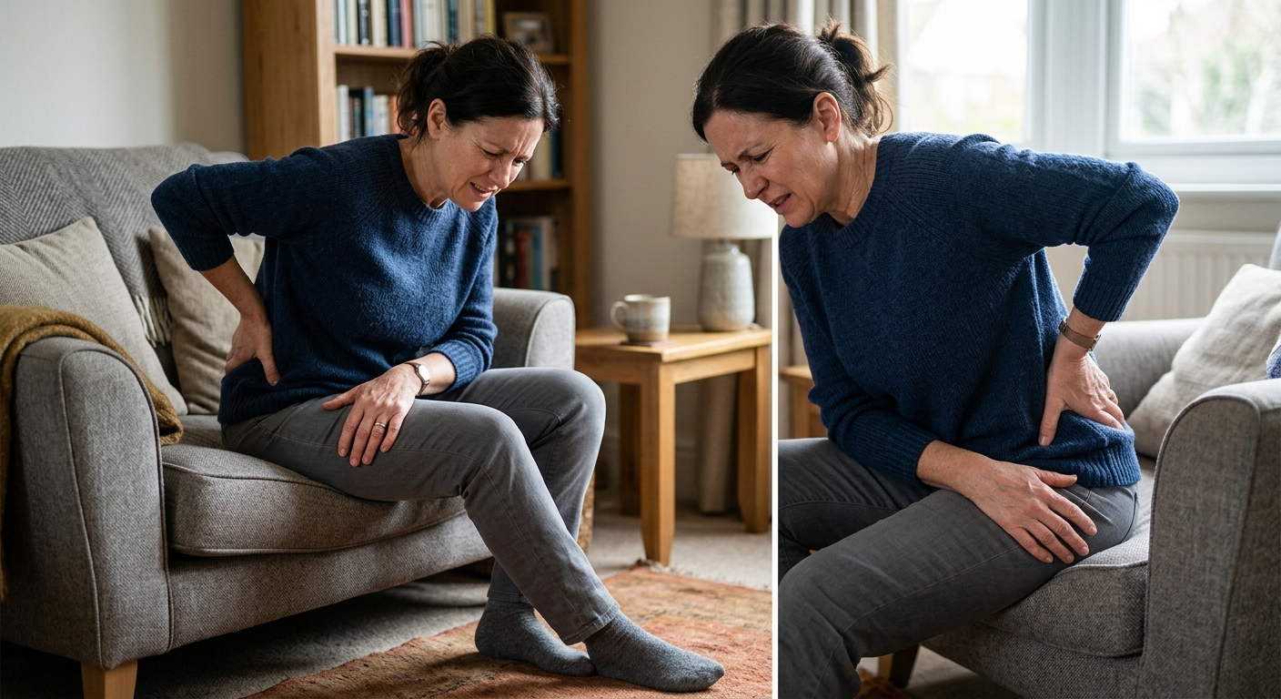Patient experiencing leg pain while sitting, realistic setting, demonstrates radiating nerve pain from back to leg