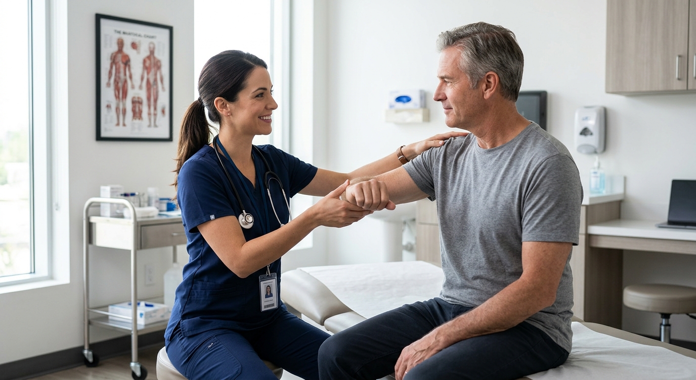 Medical professional examining a patient's arm range of motion in a modern clinical setting, reassuring interaction