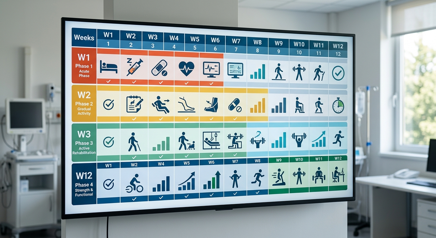 Patient timeline calendar showing recovery phases from week one through twelve with progress markers, clean infographic