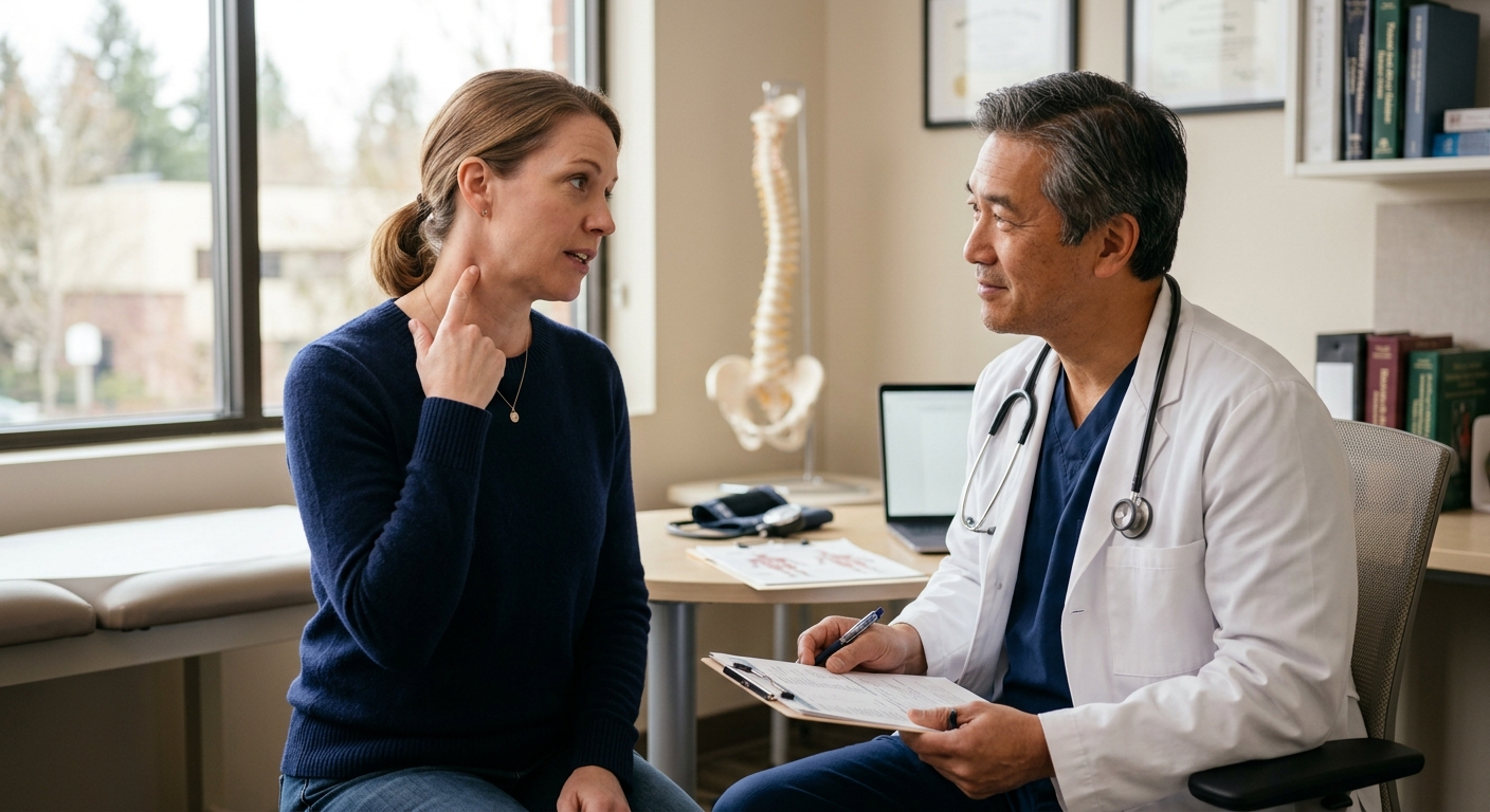 Patient pointing to specific area of neck pain while consulting with physician, warm clinical lighting, authentic doctor
