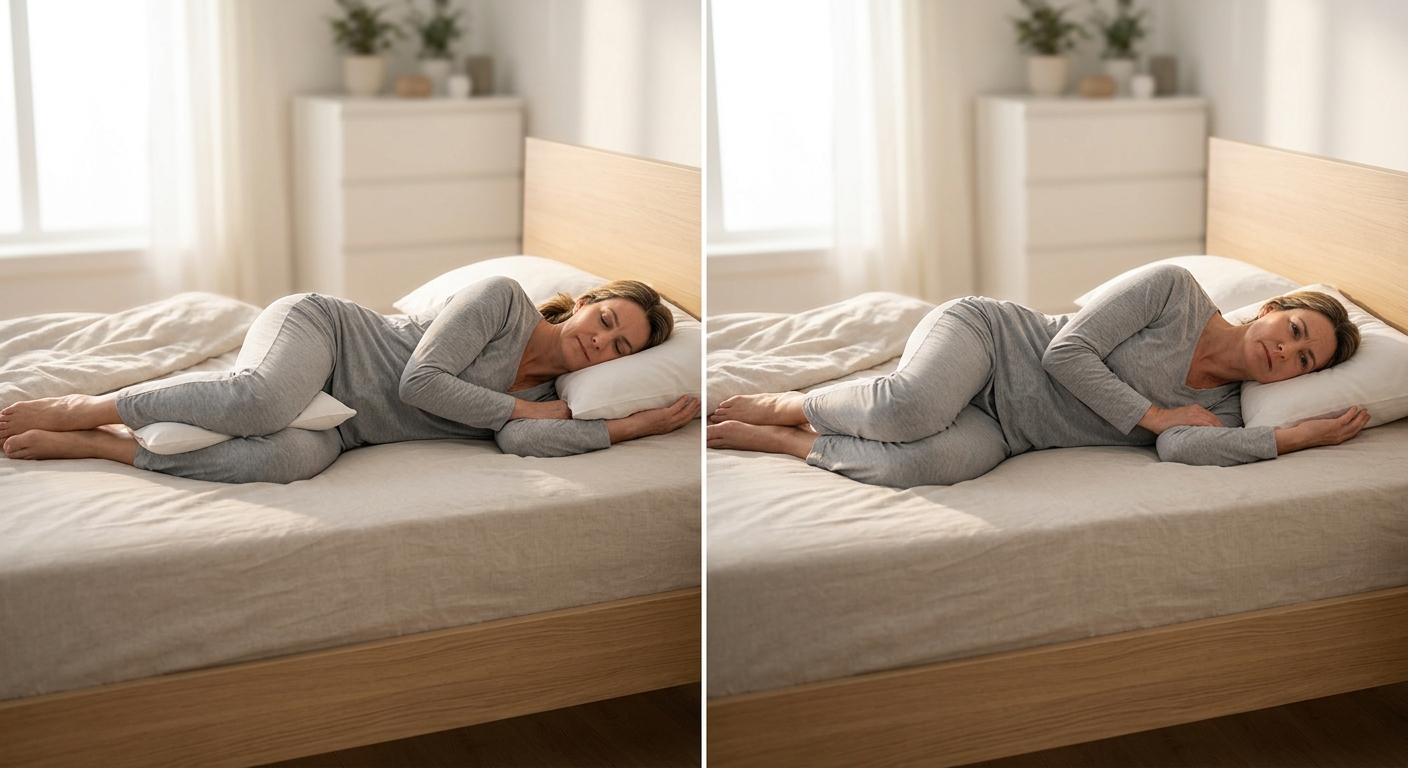 Comparison of correct vs incorrect sleeping postures, split-screen layout, neutral instructional lighting