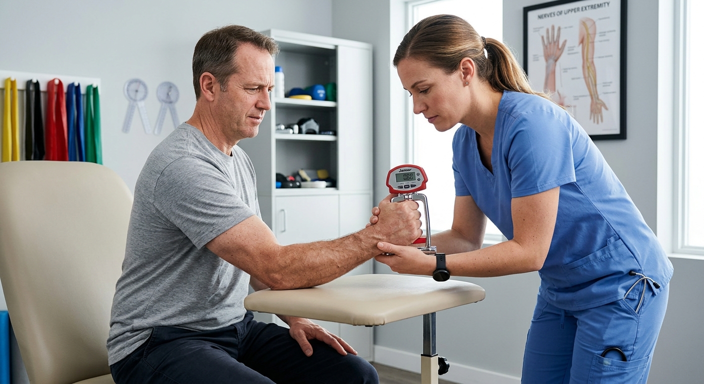 Hand grip strength test demonstration, clinical environment, showing weakness assessment for pinched nerve symptoms