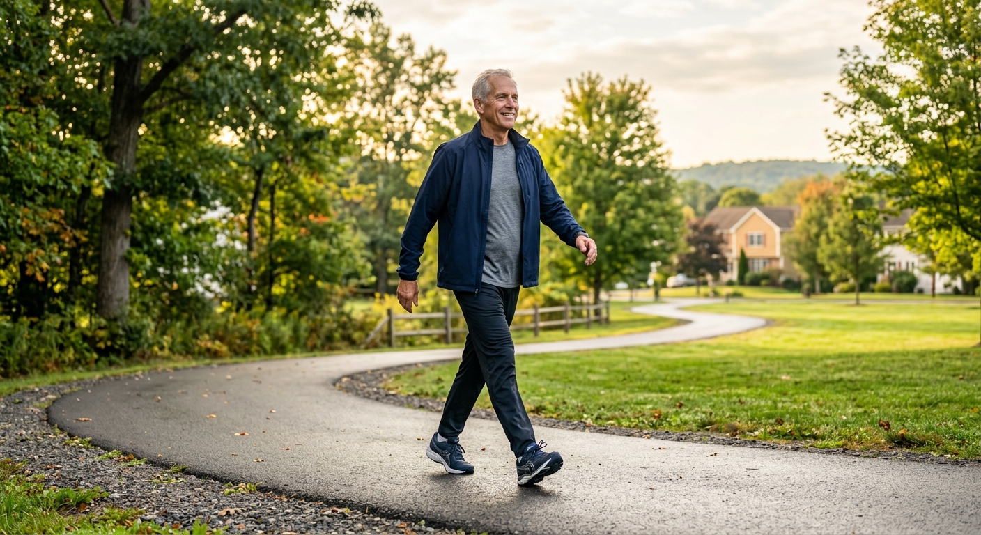 Active patient walking outdoors on paved trail after recovery, morning light, confident posture, healthy movement, Brist
