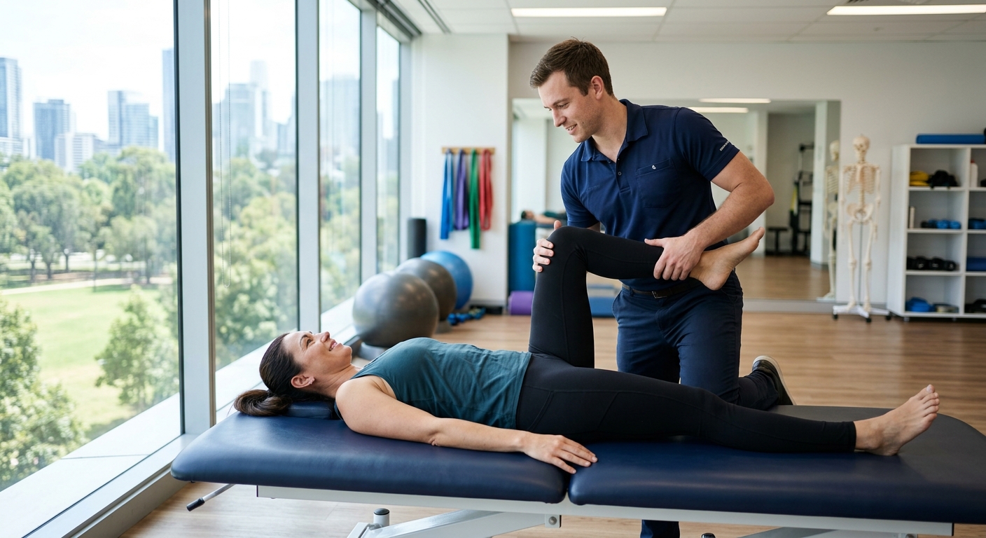Person doing gentle stretching exercise on treatment table with therapist guidance, bright natural window light, modern