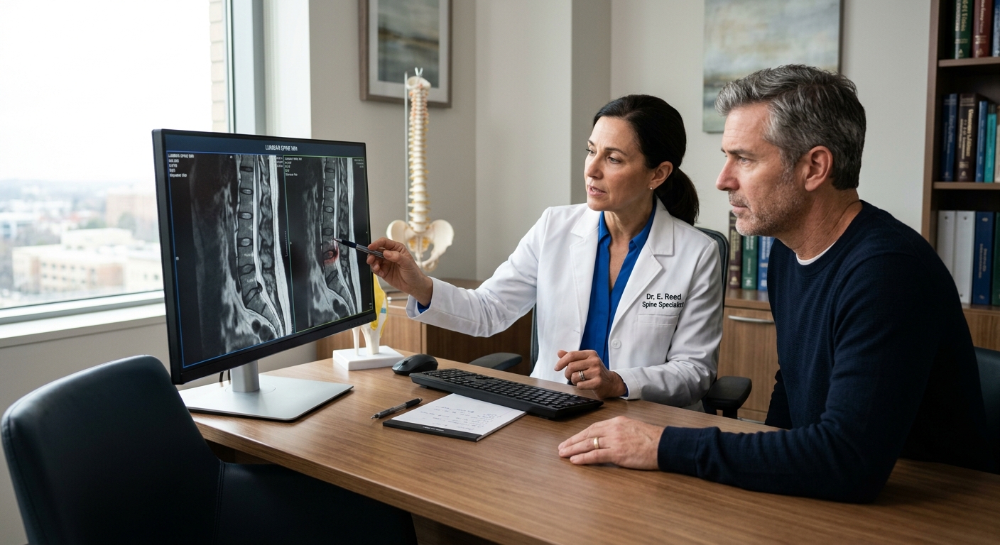 Patient consultation with spine specialist reviewing MRI images, professional medical office, natural window light