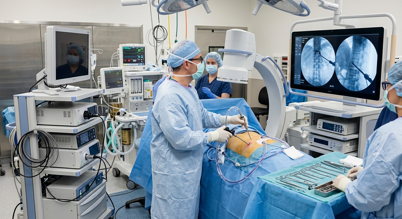 Modern minimally-invasive spine surgery setup, sterile operating room, advanced medical technology visible