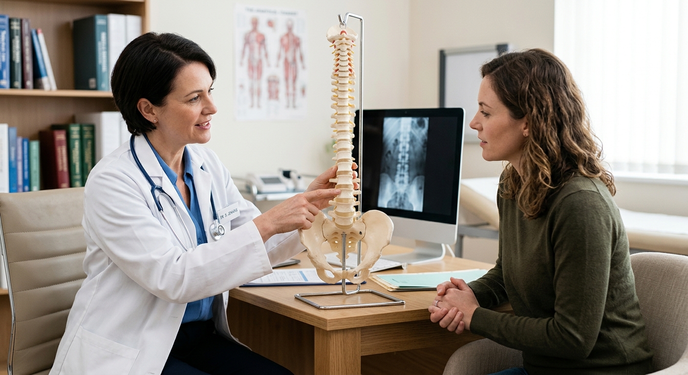 Healthcare provider pointing to spine model while explaining condition to attentive patient, professional consultation a