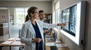 Board-certified spine surgeon examining lumbar MRI scan on backlit display in modern clinical office, professional medic