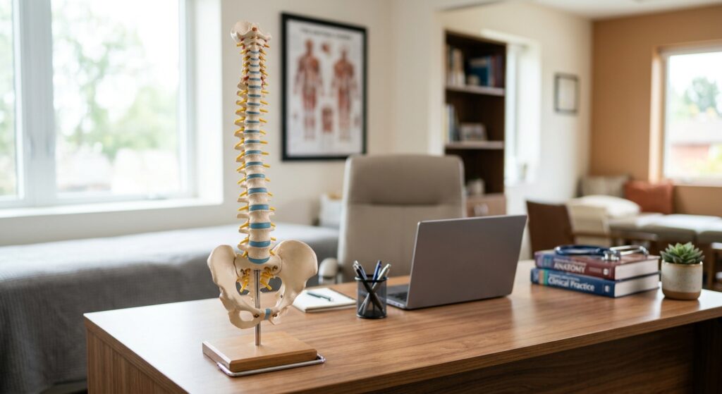 A spine model on a medical desk with natural office lighting, professional yet approachable clinical setting, shallow de