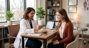 Professional medical office consultation room, natural daylight through window, doctor reviewing spine model with patien