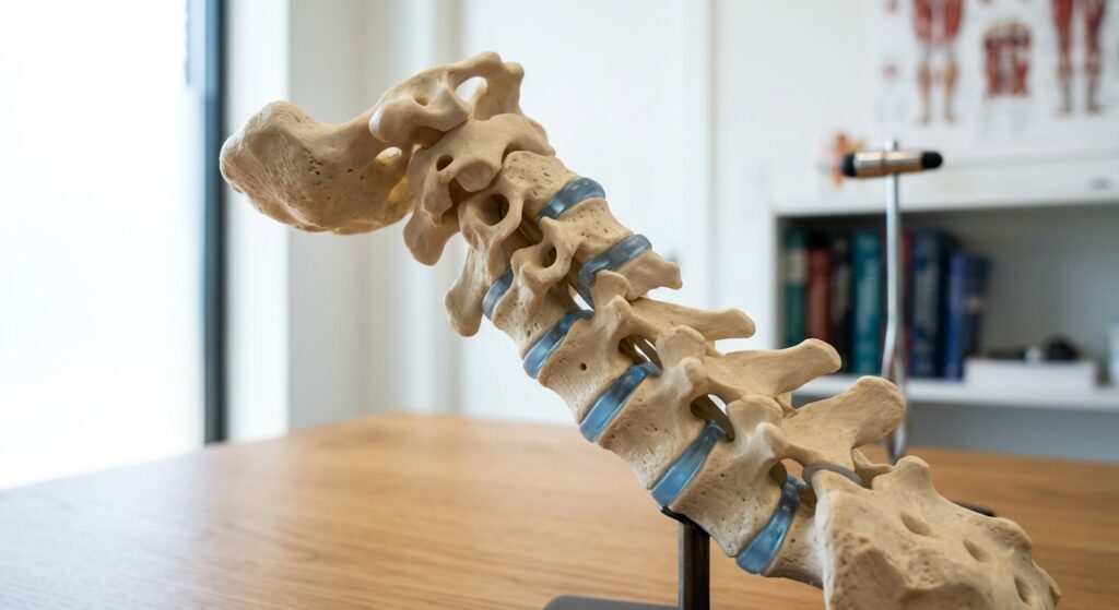 Close-up of cervical spine model showing vertebrae and discs, medical office setting, natural window light, educational