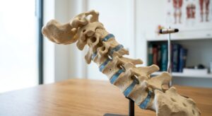 Close-up of cervical spine model showing vertebrae and discs, medical office setting, natural window light, educational