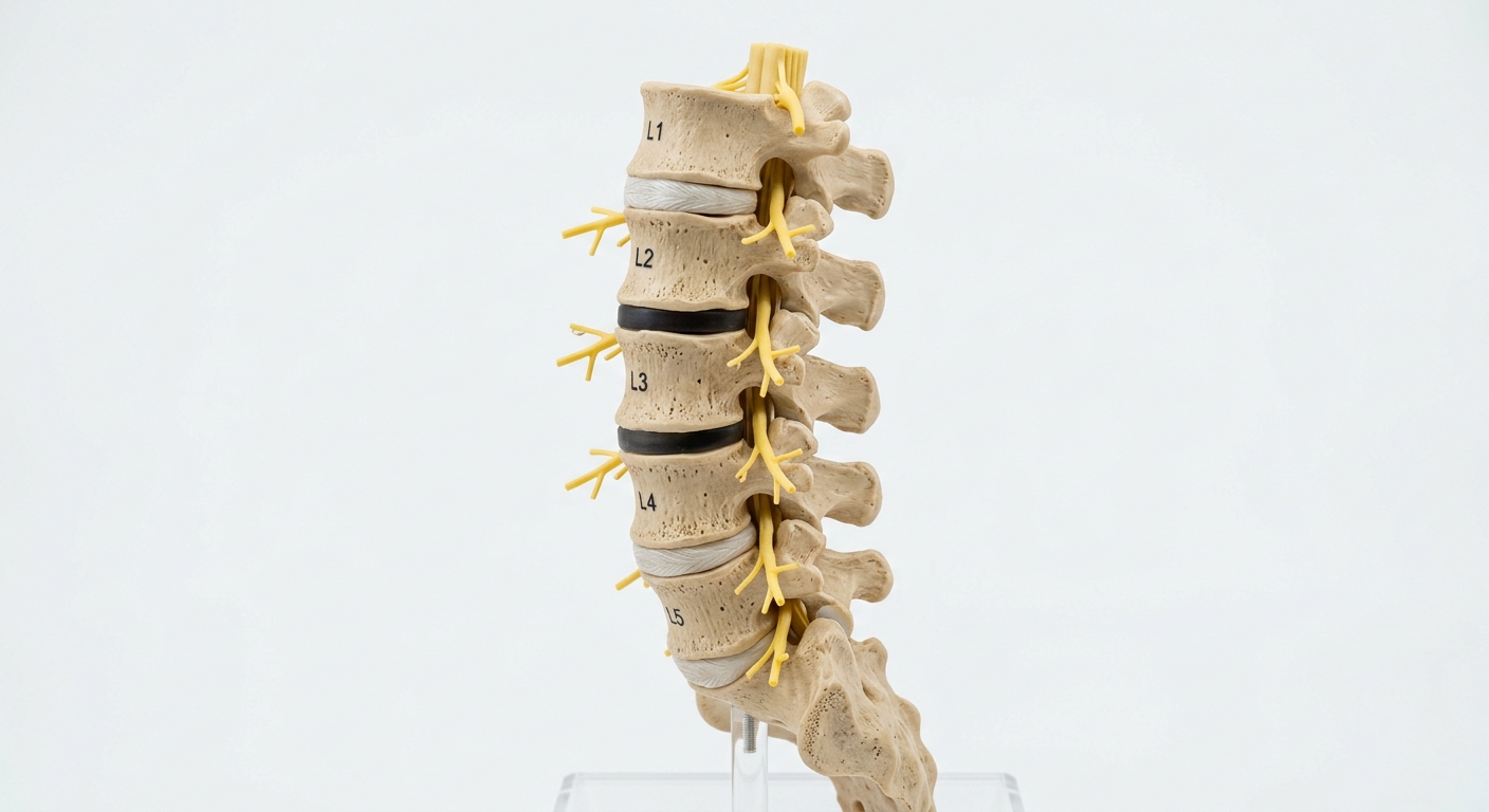 Anatomical model of lumbar spine showing vertebrae L1 through L5 with visible disc spaces and nerve roots, medical educa