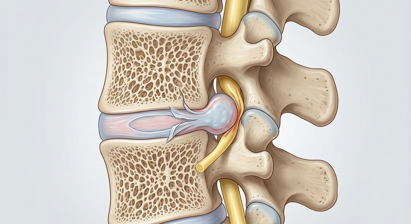 Close-up anatomical view of lumbar spine highlighting herniated disc and nerve compression, clean medical illustration s