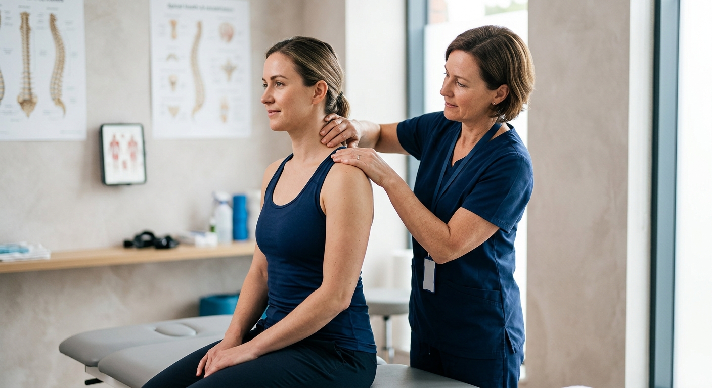 Doctor examining patient's neck and posture during consultation, modern spine clinic interior, soft professional lightin
