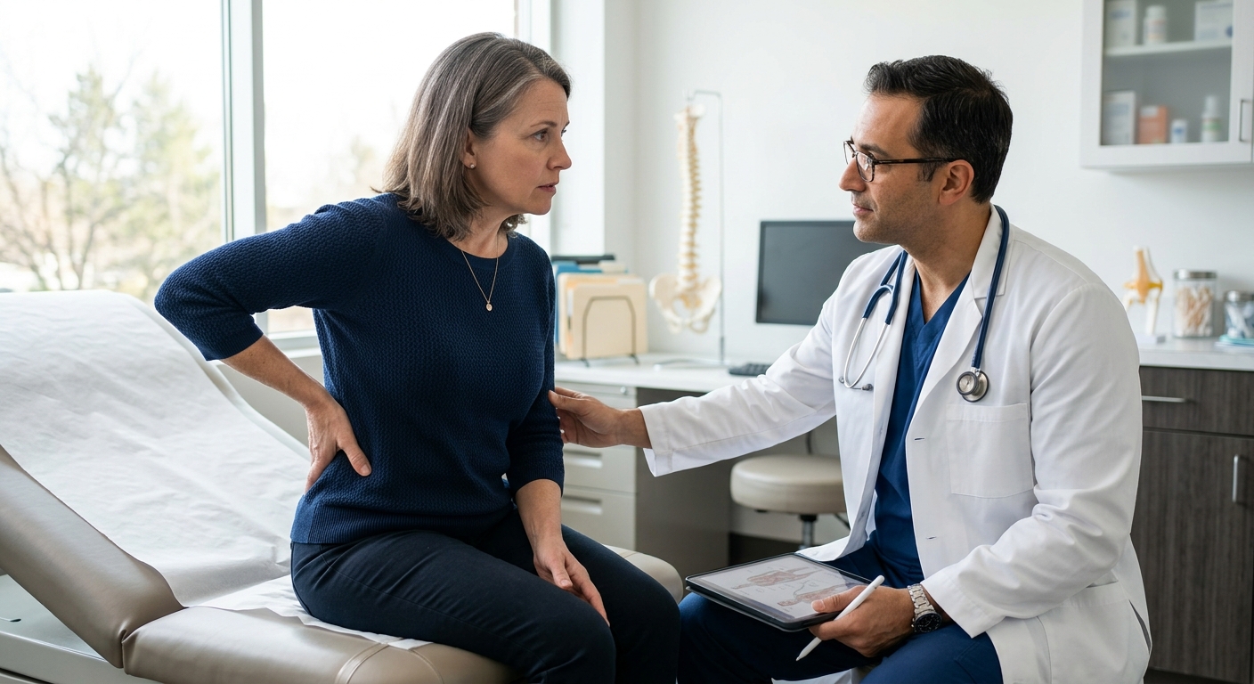 Middle-aged patient consulting with orthopedic doctor about lower back pain, pointing to lumbar region, compassionate he