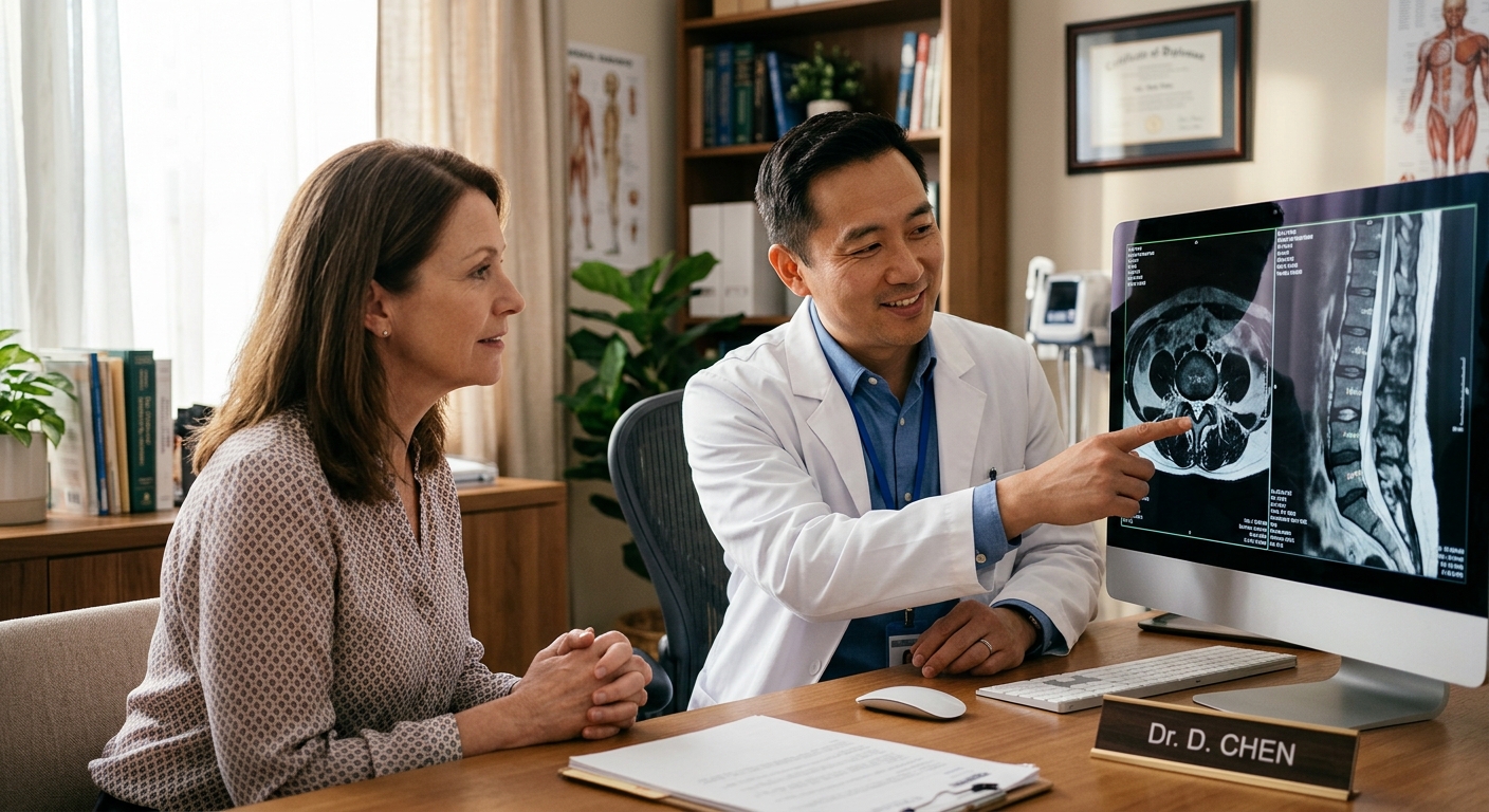 Patient consultation scene with doctor reviewing spine MRI on screen, warm office lighting, trust and communication emph