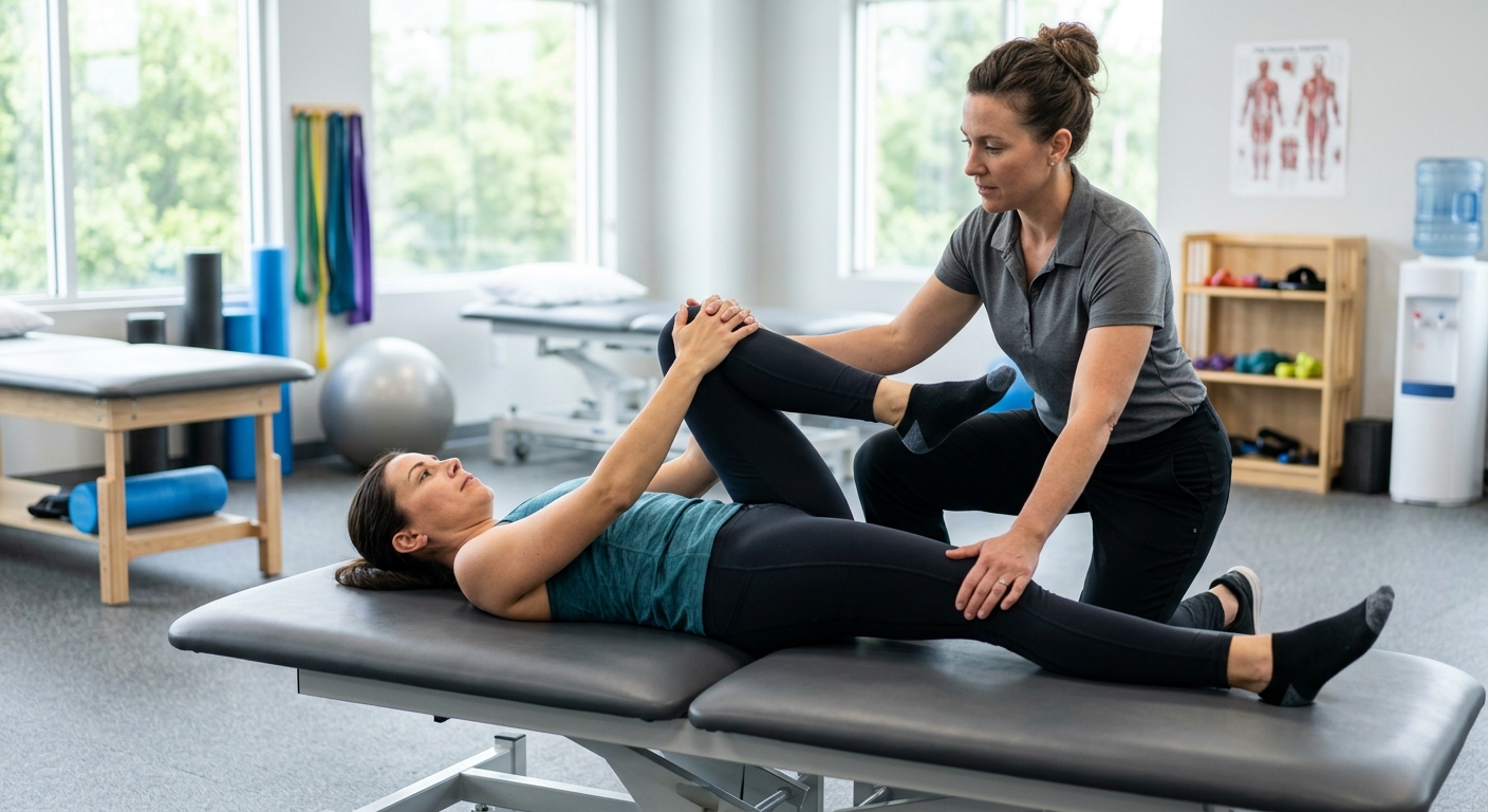 Patient performing guided physical therapy stretches for lower back, modern rehabilitation clinic setting, supportive th