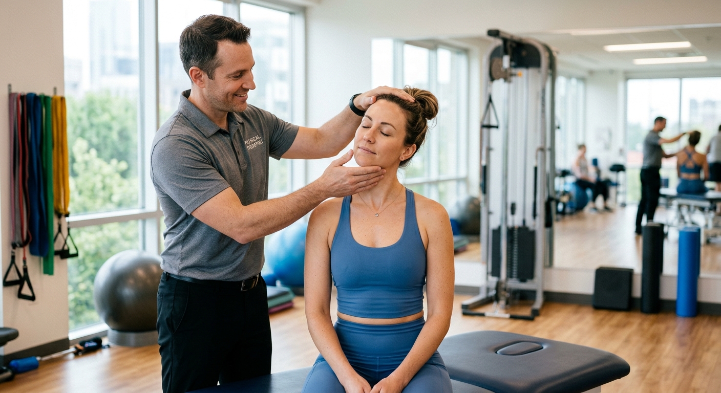 Patient receiving physical therapy for neck pain, therapist guiding gentle cervical exercises, bright rehabilitation gym