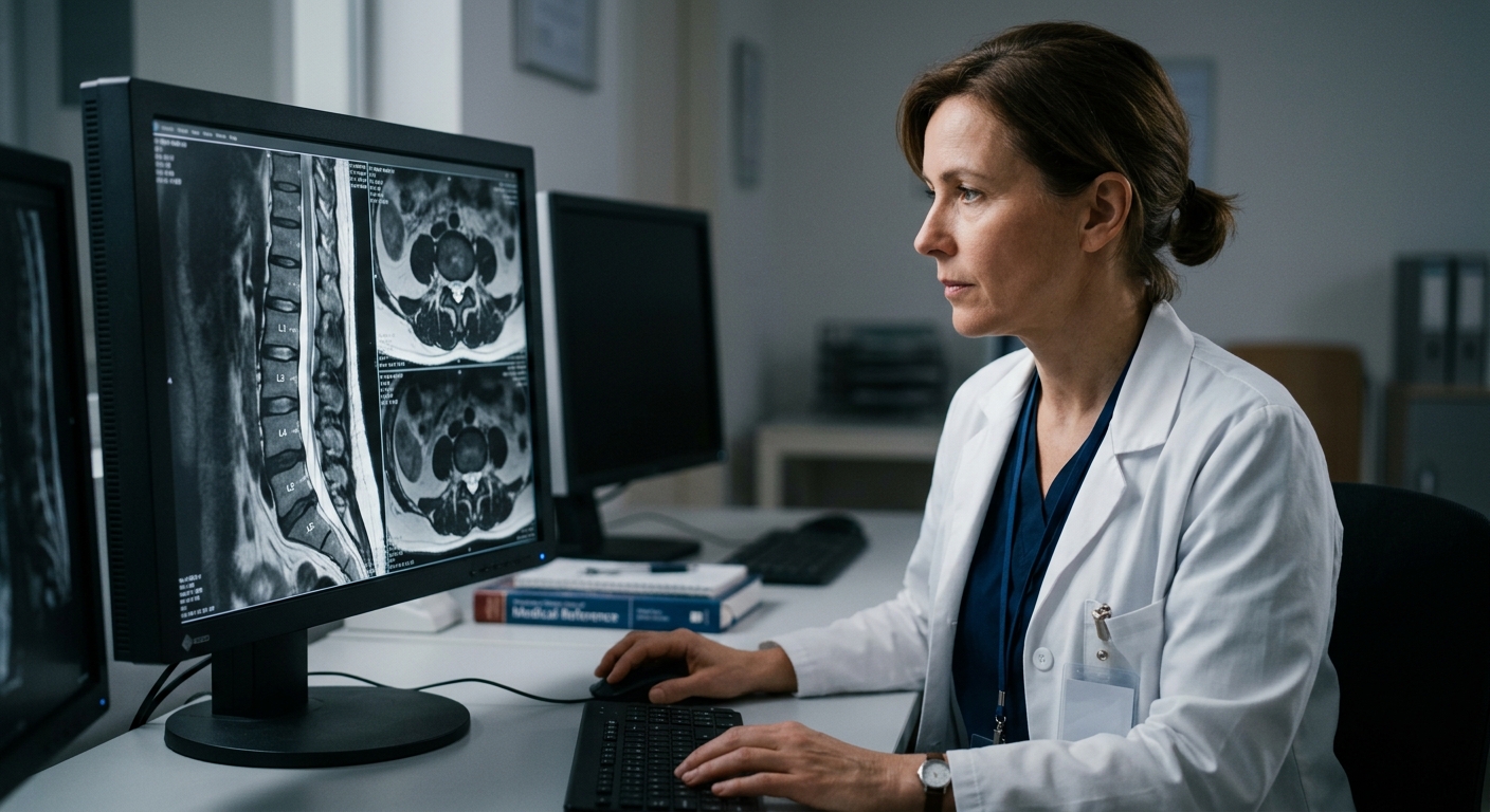 MRI scan of lumbar spine displayed on medical monitor, clinical setting, doctor analyzing imaging results, professional