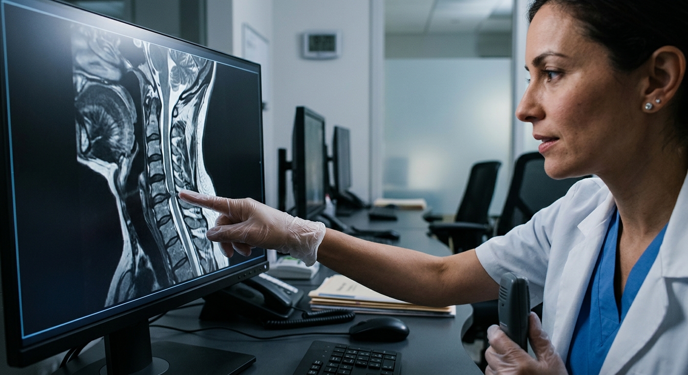 MRI or X-ray image of cervical spine on medical monitor, doctor's hand pointing to specific vertebrae, clinical setting,